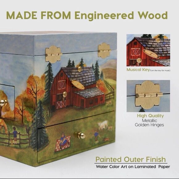 Vintage Enchantmint Horse Ranch Musical Jewelry Box w/ Drawers Mirror Farm Scene - Picture 3 of 12